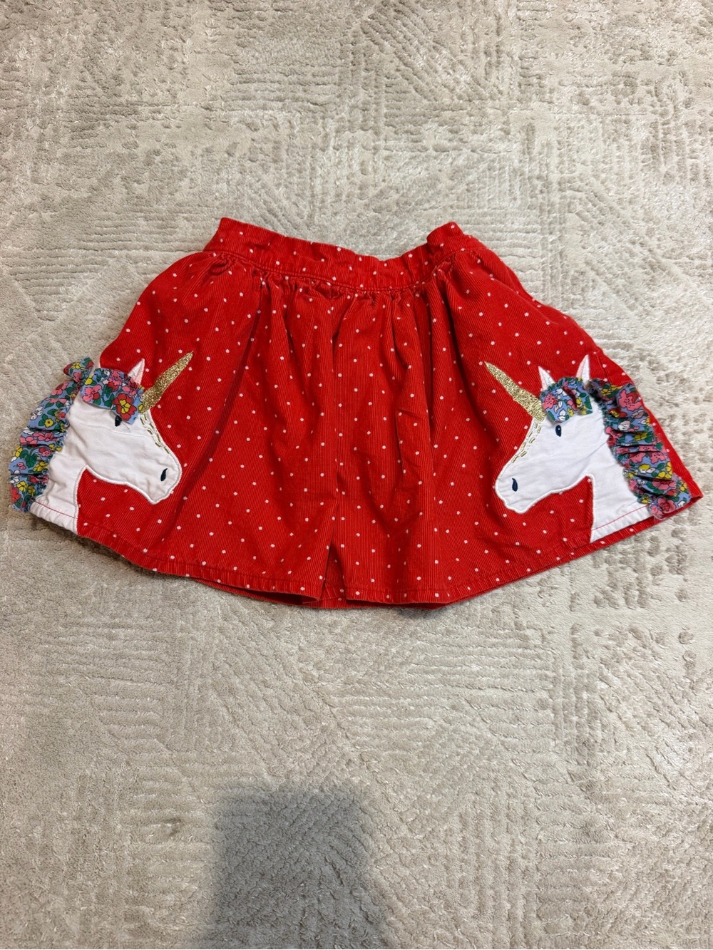 Mini Boden Girls 3-4Y Red Polka Dot Corduroy Unicorn Appliqué Skirt